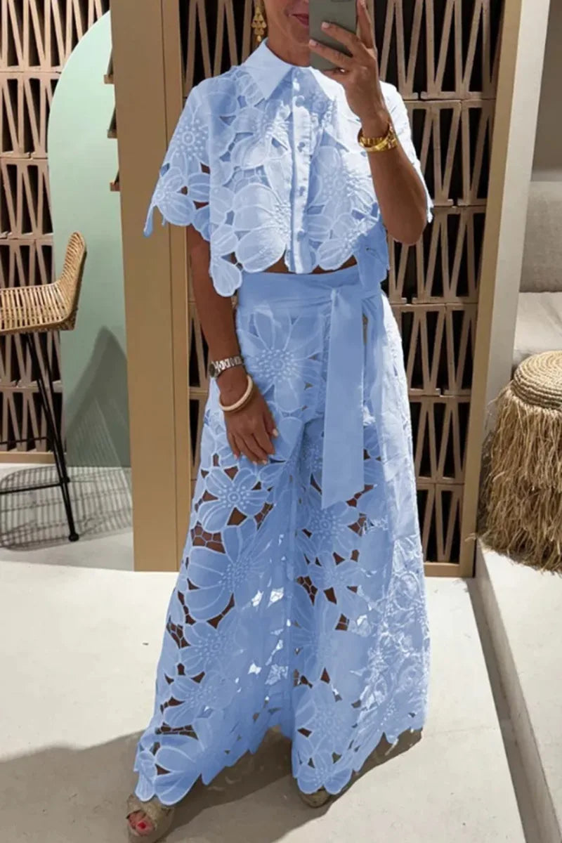 Elegant Lapel Half-sleeved Crop Top + Wide-leg Pants