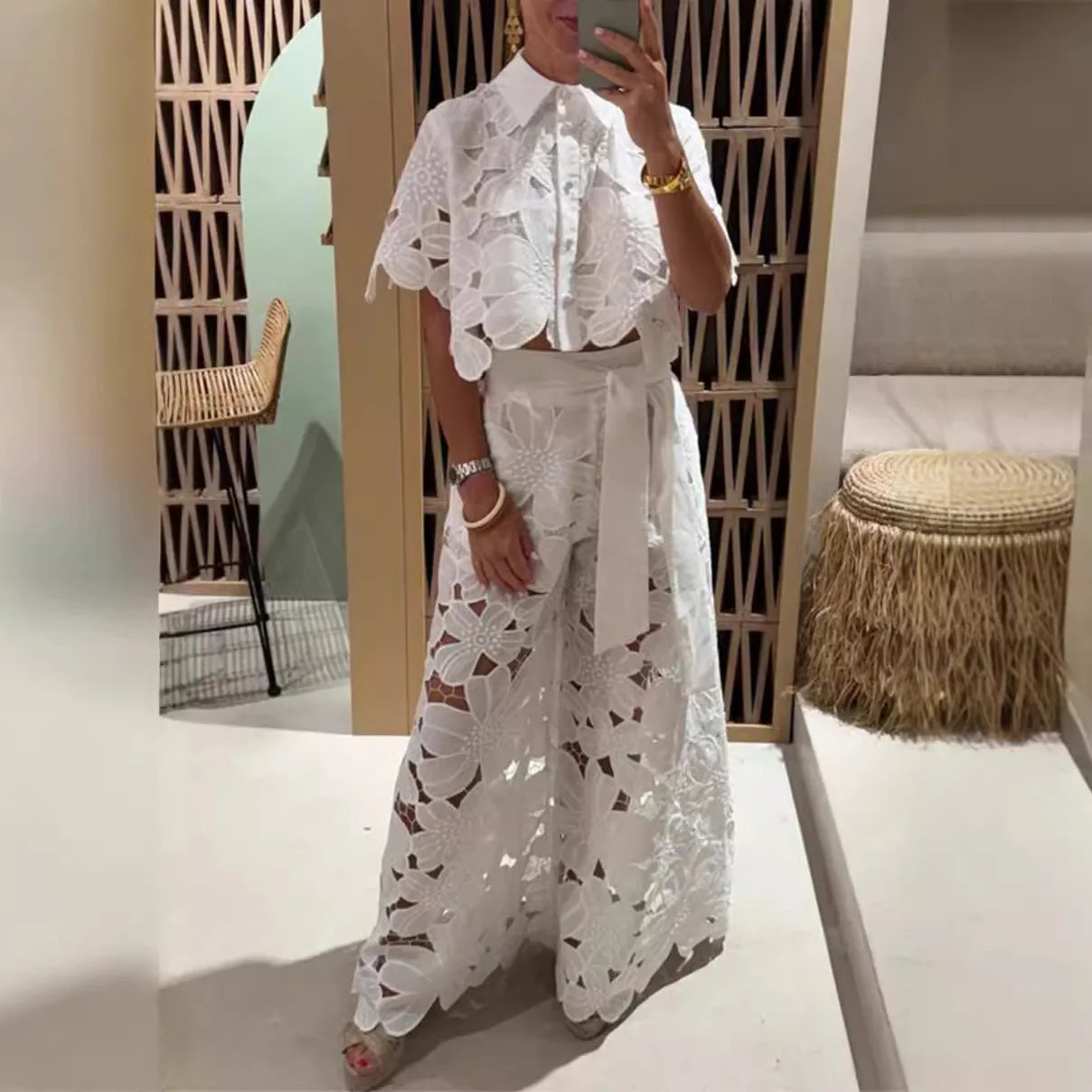 Elegant Lapel Half-sleeved Crop Top + Wide-leg Pants
