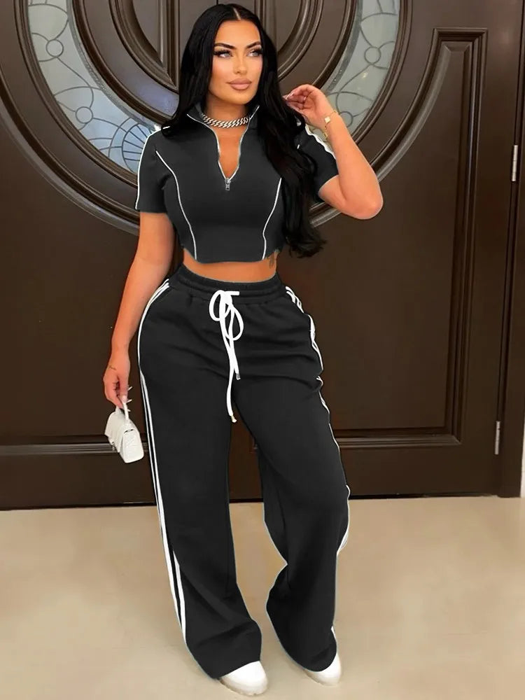 Hoodie Zipper Splicing Long Pants Set