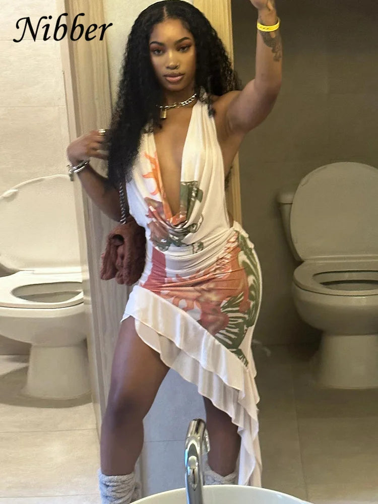 Nibber Halter Deep V-Neck Midi Dress Women Elegant See Through Backless Sleeveless Female Bodycon Ruffles Streetwear Clothing