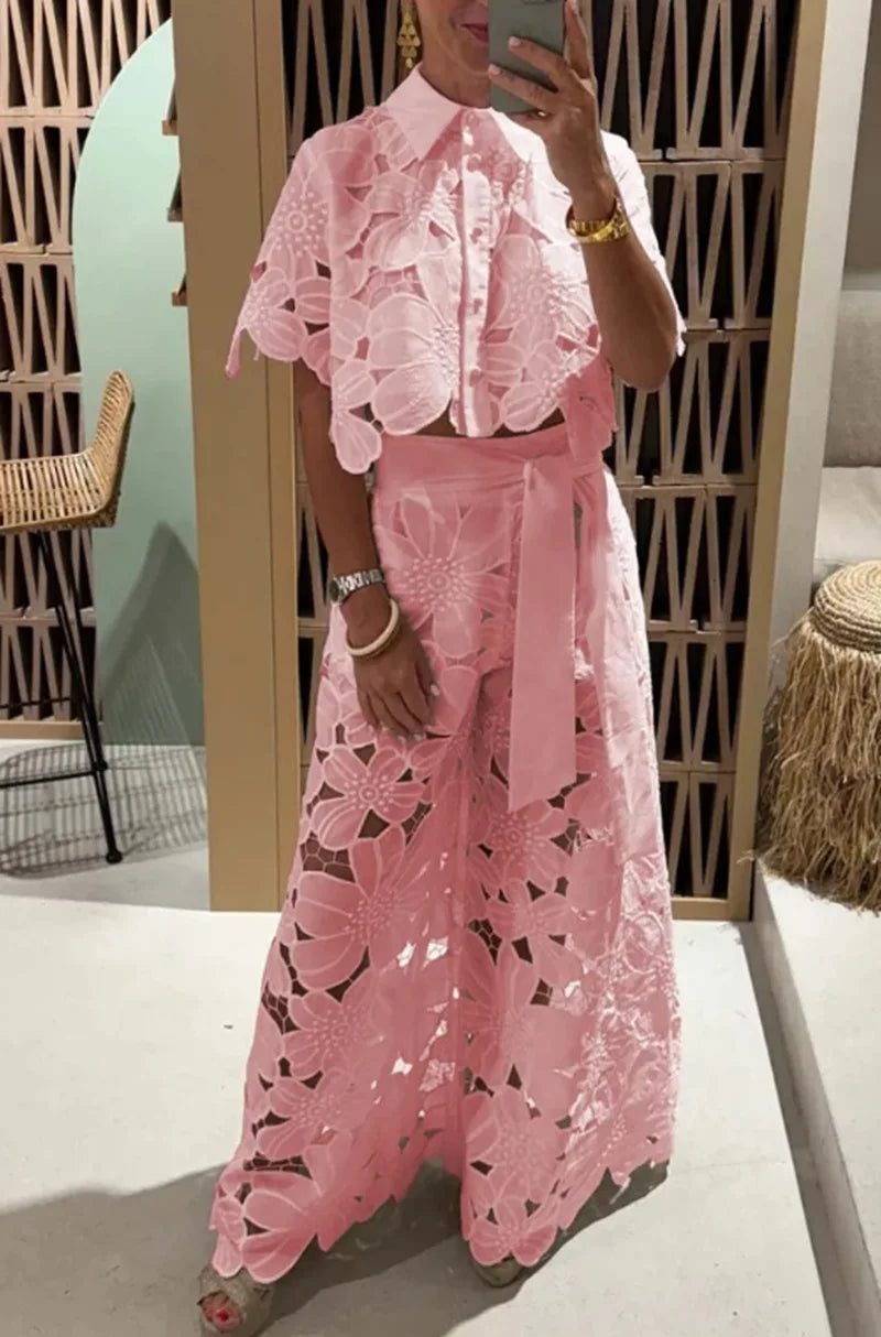 Elegant Lapel Half-sleeved Crop Top + Wide-leg Pants