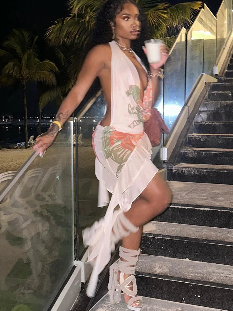 Nibber Halter Deep V-Neck Midi Dress Women Elegant See Through Backless Sleeveless Female Bodycon Ruffles Streetwear Clothing