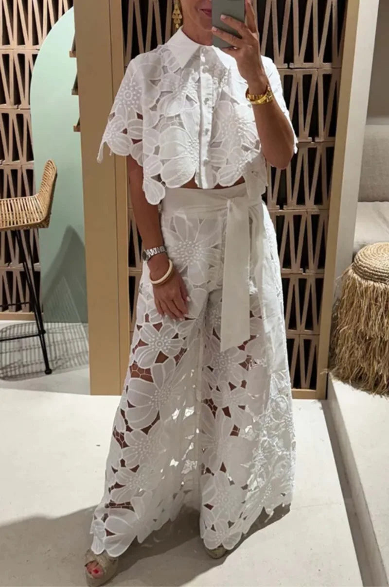 Elegant Lapel Half-sleeved Crop Top + Wide-leg Pants