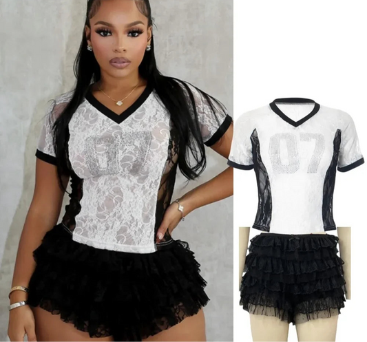 FAGADOER Sexy Lace Women 2 Piece Set Outfit See Through Mesh Patchwork Crop Top and Pleated Skirt Suits Hot Girl Streetwear New