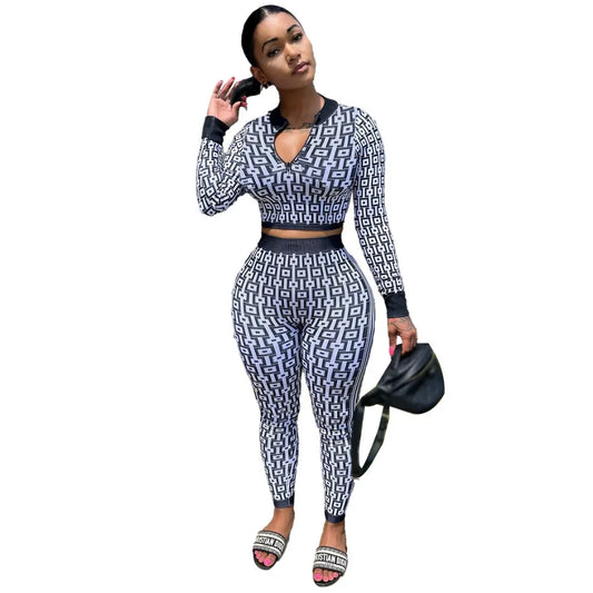 2 Piece  Printed Crop Top Long Pants Sets