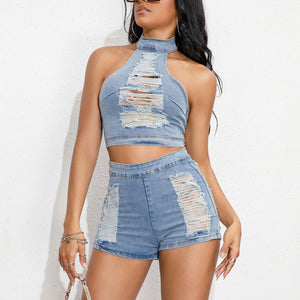 Denim Top Denim Shorts Set